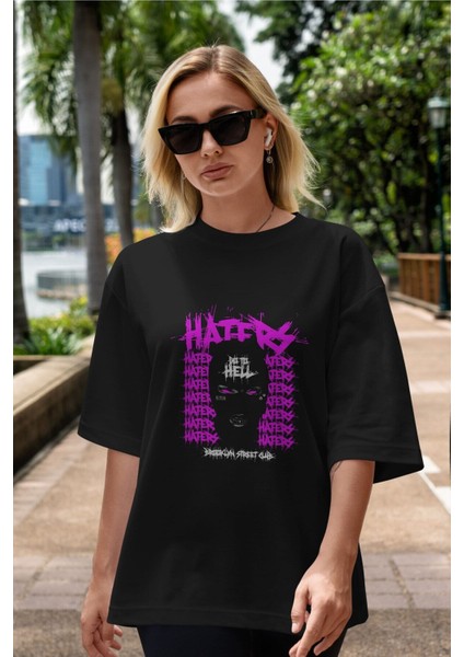 Haters Brooklyn Street Ön Baskılı Siyah Oversize T-Shirt Erkek Kadın Bisiklet Yaka fiyatları