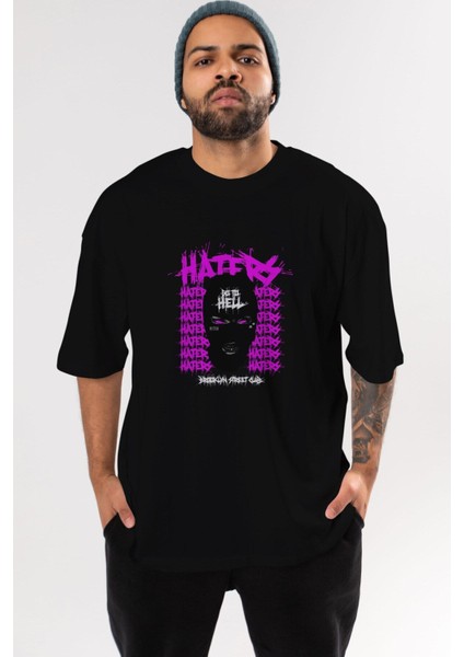 Haters Brooklyn Street Ön Baskılı Siyah Oversize T-Shirt Erkek Kadın Bisiklet Yaka fırsatları