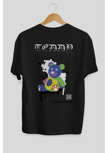 Teddy Bear Arka Baskılı Siyah Oversize T-Shirt Erkek Kadın Bisiklet Yaka fiyatları