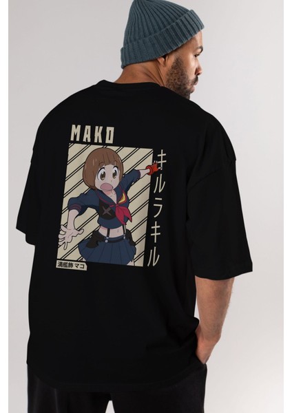 Mako Mankanshoku 1 Anime Arka Baskılı Siyah Oversize T-Shirt Erkek Kadın
