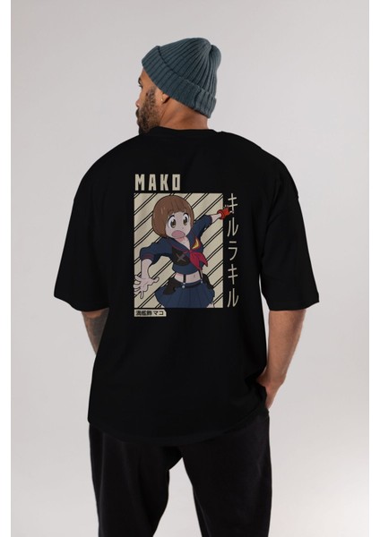 Mako Mankanshoku 1 Anime Arka Baskılı Siyah Oversize T-Shirt Erkek Kadın modelleri