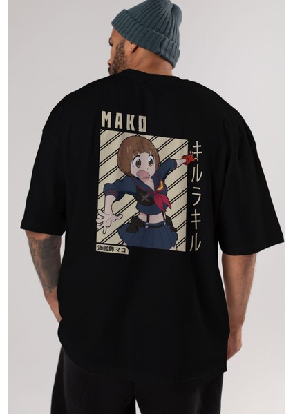 Mako Mankanshoku 1 Anime Arka Baskılı Siyah Oversize T-Shirt Erkek Kadın indirimleri
