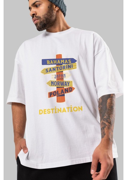 Destination Yazılı Ön Baskılı Beyaz Oversize T-Shirt Erkek Kadın Bisiklet Yaka fırsatları