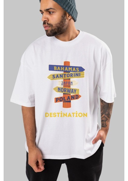 Destination Yazılı Ön Baskılı Beyaz Oversize T-Shirt Erkek Kadın Bisiklet Yaka indirimleri