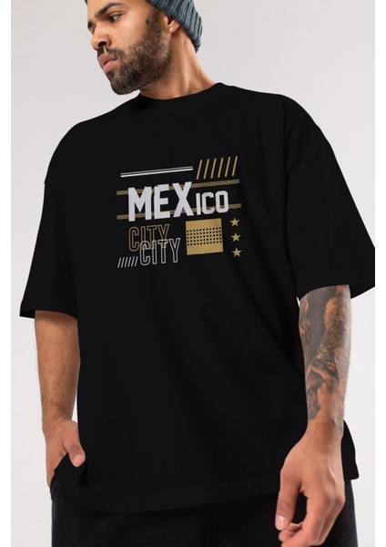 Mexico City Ön Baskılı Siyah Oversize T-Shirt Erkek Kadın Bisiklet Yaka