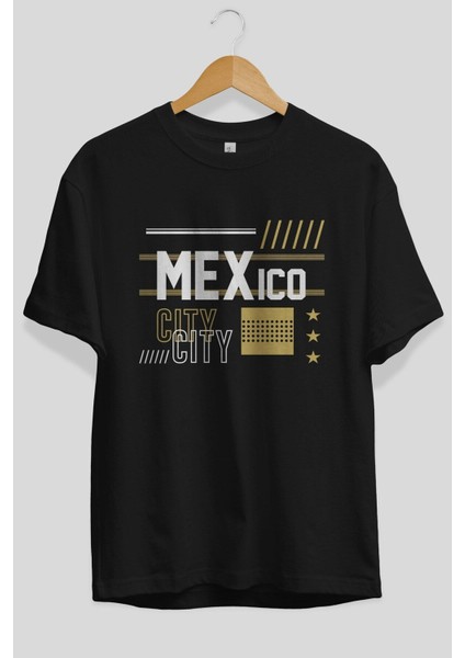 Mexico City Ön Baskılı Siyah Oversize T-Shirt Erkek Kadın Bisiklet Yaka fiyatları