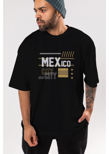 Mexico City Ön Baskılı Siyah Oversize T-Shirt Erkek Kadın Bisiklet Yaka modelleri