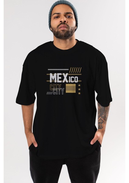 Mexico City Ön Baskılı Siyah Oversize T-Shirt Erkek Kadın Bisiklet Yaka indirimleri