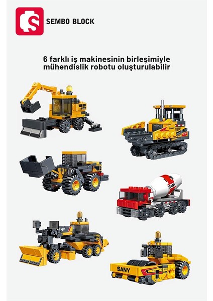 Sembo Block Sany Lisanslı 6'sı 1 Arada Mühendislik Robotu 583 Parça Yapı Blokları LEGO ile Uyumlu (712009-712014)