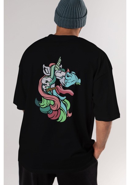 Crazy Unicorn Arka Baskılı Siyah Oversize T-Shirt Erkek Kadın Bisiklet Yaka fiyatları