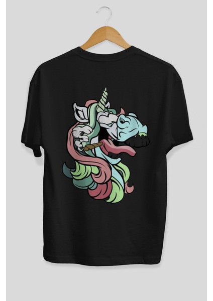 Crazy Unicorn Arka Baskılı Siyah Oversize T-Shirt Erkek Kadın Bisiklet Yaka modelleri