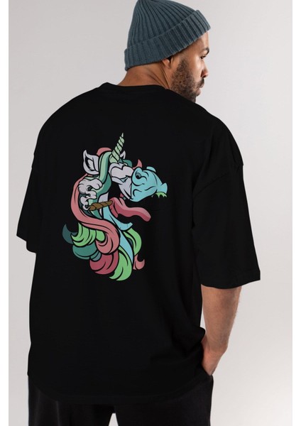 Crazy Unicorn Arka Baskılı Siyah Oversize T-Shirt Erkek Kadın Bisiklet Yaka fırsatları