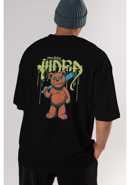 Hidra Bear Arka Baskılı Siyah Oversize T-Shirt Erkek Kadın Bisiklet Yaka
