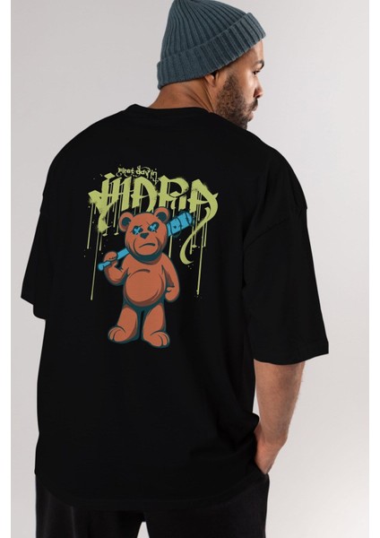 Hidra Bear Arka Baskılı Siyah Oversize T-Shirt Erkek Kadın Bisiklet Yaka modelleri