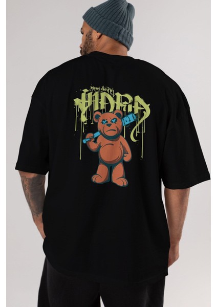 Hidra Bear Arka Baskılı Siyah Oversize T-Shirt Erkek Kadın Bisiklet Yaka fırsatları