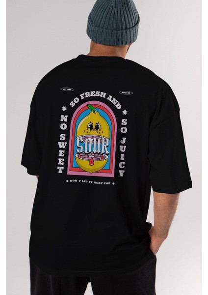 So Fresh And Sour Arka Baskılı Siyah Oversize T-Shirt Erkek Kadın Bisiklet Yaka