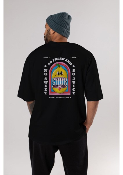 So Fresh And Sour Arka Baskılı Siyah Oversize T-Shirt Erkek Kadın Bisiklet Yaka modelleri