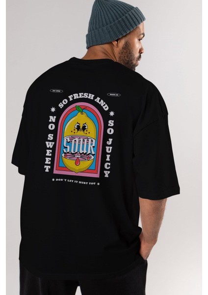 So Fresh And Sour Arka Baskılı Siyah Oversize T-Shirt Erkek Kadın Bisiklet Yaka indirimleri