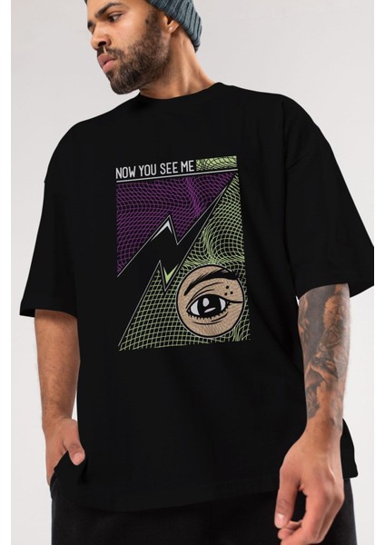 Now You See Me Ön Baskılı Siyah Oversize T-Shirt Erkek Kadın Bisiklet Yaka