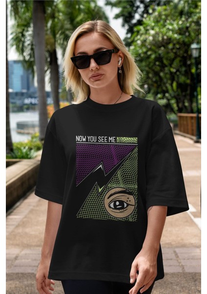 Now You See Me Ön Baskılı Siyah Oversize T-Shirt Erkek Kadın Bisiklet Yaka fiyatları