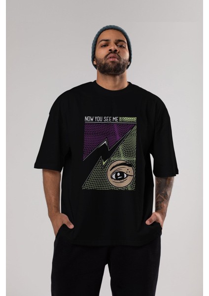 Now You See Me Ön Baskılı Siyah Oversize T-Shirt Erkek Kadın Bisiklet Yaka modelleri