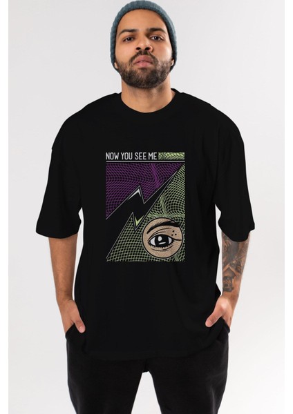 Now You See Me Ön Baskılı Siyah Oversize T-Shirt Erkek Kadın Bisiklet Yaka fırsatları