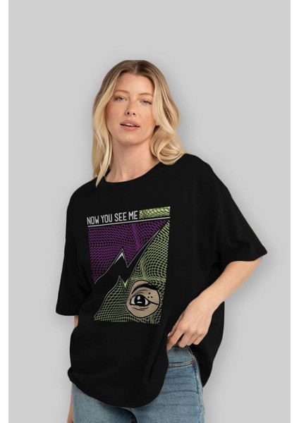 Now You See Me Ön Baskılı Siyah Oversize T-Shirt Erkek Kadın Bisiklet Yaka indirimleri