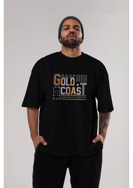 Gold Coast Ön Baskılı Siyah Oversize T-Shirt Erkek Kadın Bisiklet Yaka modelleri