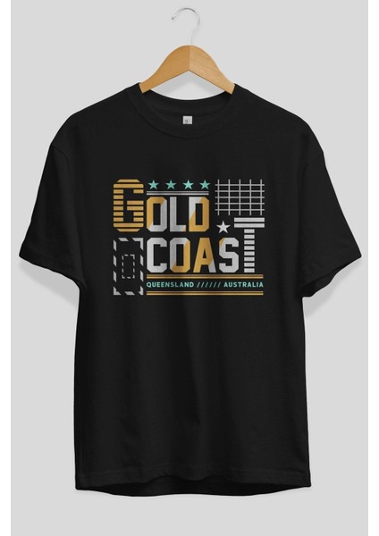 Gold Coast Ön Baskılı Siyah Oversize T-Shirt Erkek Kadın Bisiklet Yaka fırsatları