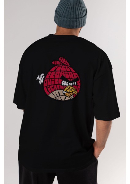 Bird With Anger Arka Baskılı Siyah Oversize T-Shirt Erkek Kadın Bisiklet Yaka