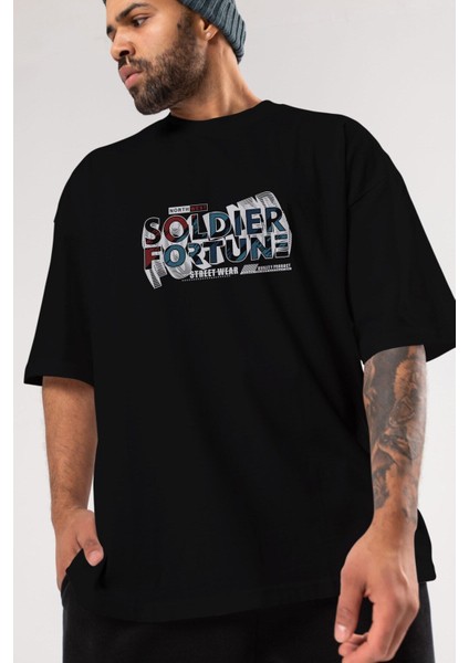 Soldier Fortune Ön Baskılı Siyah Oversize T-Shirt Erkek Kadın Bisiklet Yaka modelleri