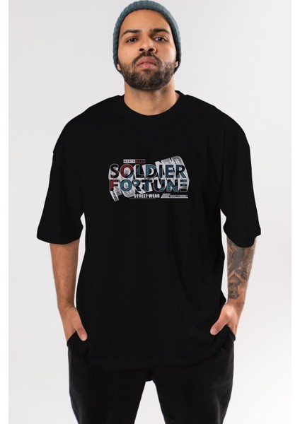 Soldier Fortune Ön Baskılı Siyah Oversize T-Shirt Erkek Kadın Bisiklet Yaka fırsatları