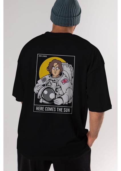 John Lennon Astronot Arka Baskılı Siyah Oversize T-Shirt Erkek Kadın Bisiklet Yaka