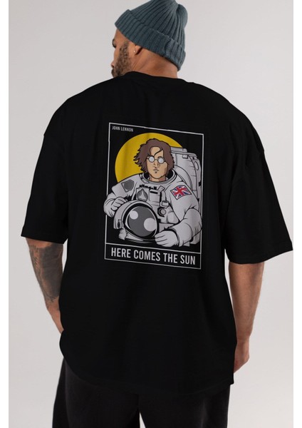 John Lennon Astronot Arka Baskılı Siyah Oversize T-Shirt Erkek Kadın Bisiklet Yaka fiyatları