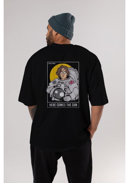 John Lennon Astronot Arka Baskılı Siyah Oversize T-Shirt Erkek Kadın Bisiklet Yaka modelleri