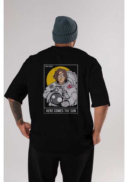 John Lennon Astronot Arka Baskılı Siyah Oversize T-Shirt Erkek Kadın Bisiklet Yaka fırsatları