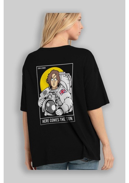 John Lennon Astronot Arka Baskılı Siyah Oversize T-Shirt Erkek Kadın Bisiklet Yaka indirimleri