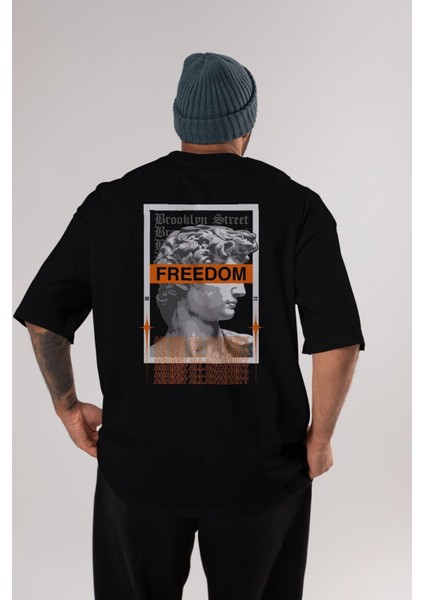 Brooklyn Street Arka Baskılı Siyah Oversize T-Shirt Erkek Kadın Bisiklet Yaka