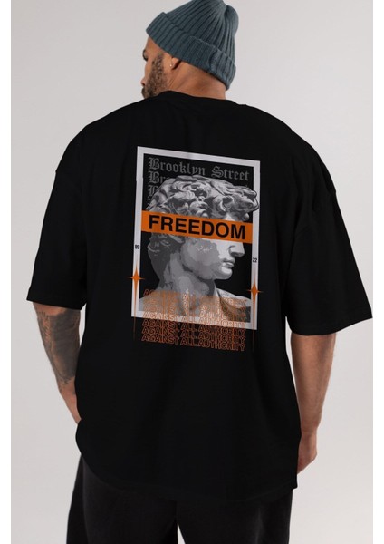 Brooklyn Street Arka Baskılı Siyah Oversize T-Shirt Erkek Kadın Bisiklet Yaka modelleri