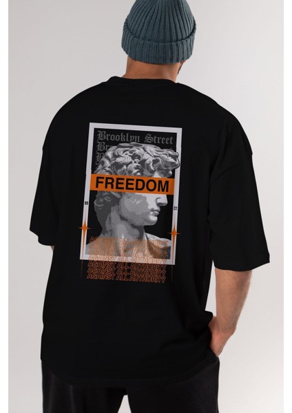 Brooklyn Street Arka Baskılı Siyah Oversize T-Shirt Erkek Kadın Bisiklet Yaka fırsatları