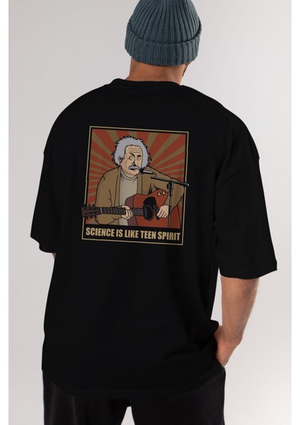 Kurt Einstein Arka Baskılı Siyah Oversize T-Shirt Erkek Kadın Bisiklet Yaka
