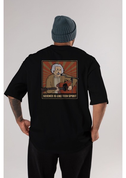 Kurt Einstein Arka Baskılı Siyah Oversize T-Shirt Erkek Kadın Bisiklet Yaka modelleri