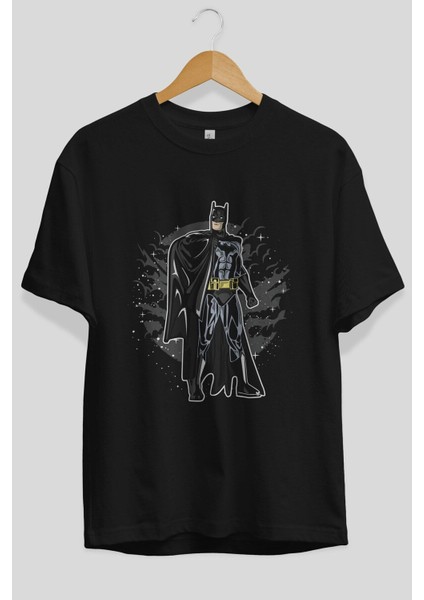 Batman Ön Baskılı Siyah Oversize T-Shirt Erkek Kadın Bisiklet Yaka