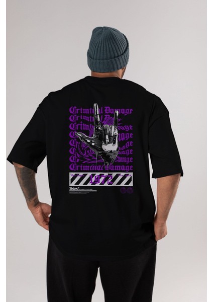 Criminal Damage Arka Baskılı Siyah Oversize T-Shirt Erkek Kadın Bisiklet Yaka