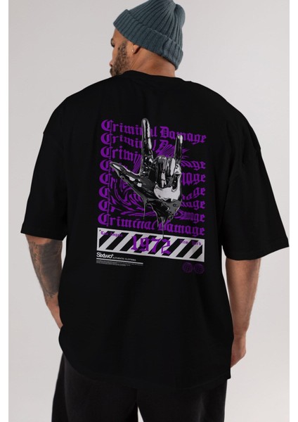 Criminal Damage Arka Baskılı Siyah Oversize T-Shirt Erkek Kadın Bisiklet Yaka fırsatları