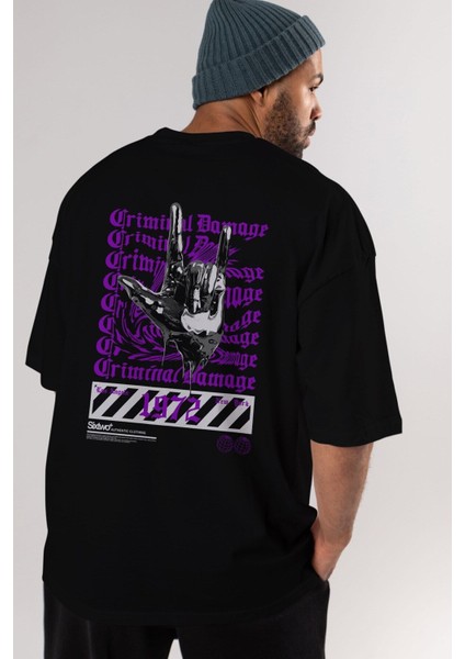 Criminal Damage Arka Baskılı Siyah Oversize T-Shirt Erkek Kadın Bisiklet Yaka indirimleri