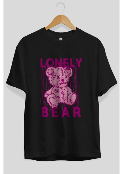 Lonely Bear Ön Baskılı Siyah Oversize T-Shirt Erkek Kadın Bisiklet Yaka