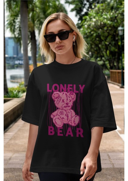 Lonely Bear Ön Baskılı Siyah Oversize T-Shirt Erkek Kadın Bisiklet Yaka fiyatları