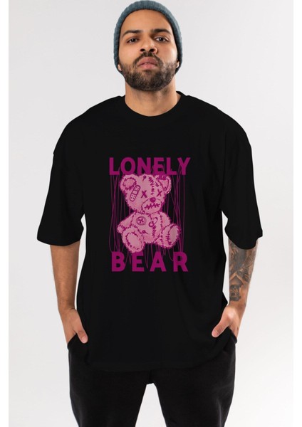 Lonely Bear Ön Baskılı Siyah Oversize T-Shirt Erkek Kadın Bisiklet Yaka modelleri