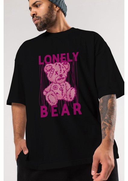 Lonely Bear Ön Baskılı Siyah Oversize T-Shirt Erkek Kadın Bisiklet Yaka fırsatları
